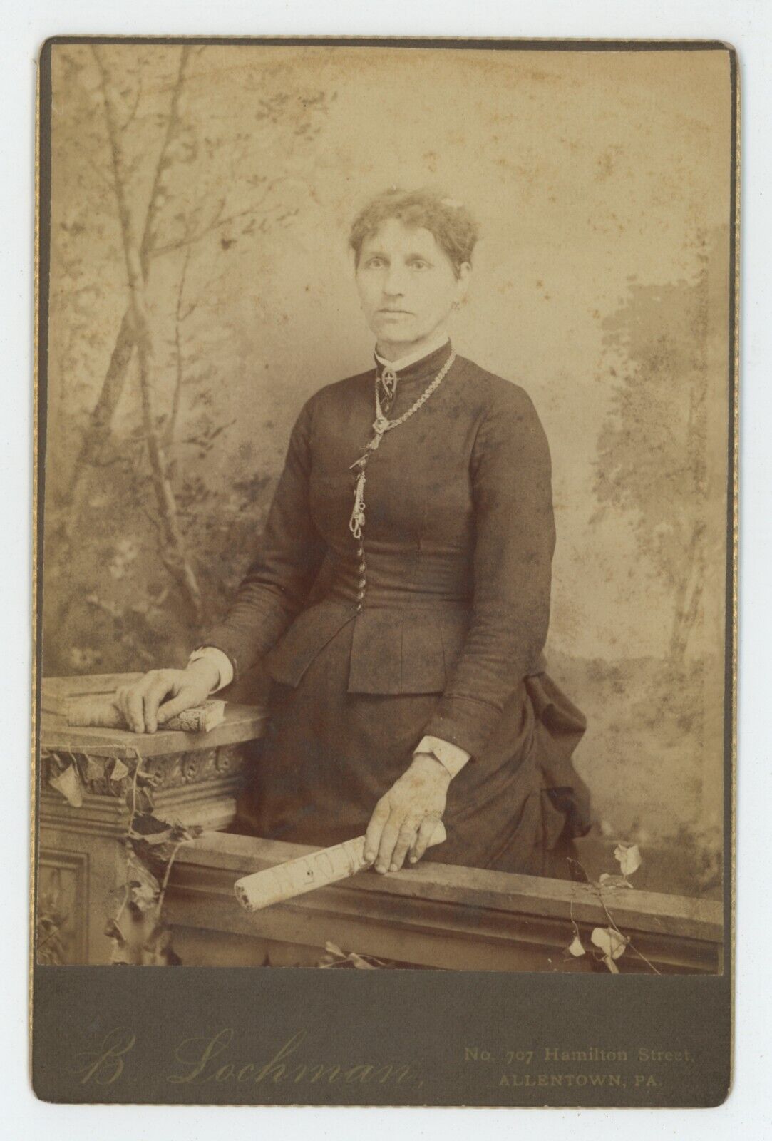 Antique c1880s Cabinet Card Lovely Woman Holding Scroll Lochman Allentown, PA