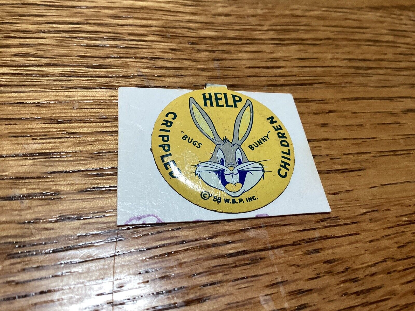 Vintage Pin Back Button. Bugs Bunny  “Help Crippled Children” 1958 Tin
