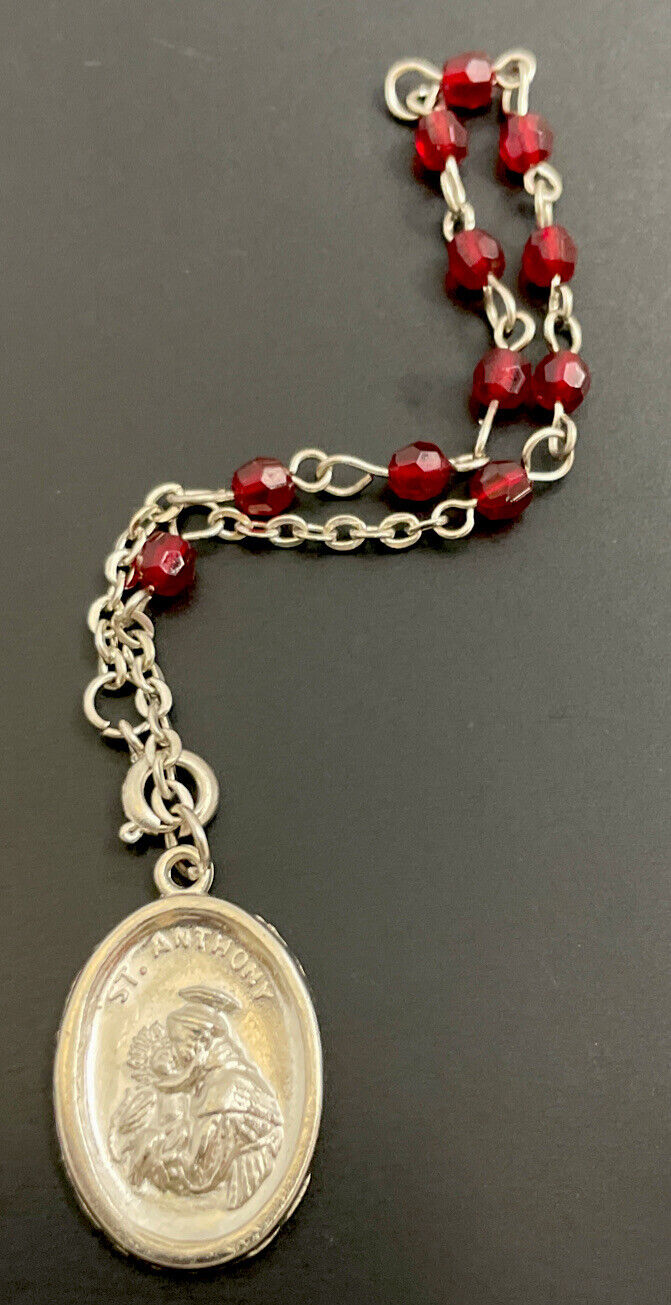 Vintage Catholic Red Glass Chaplet Saint St Anthony Religious Medal