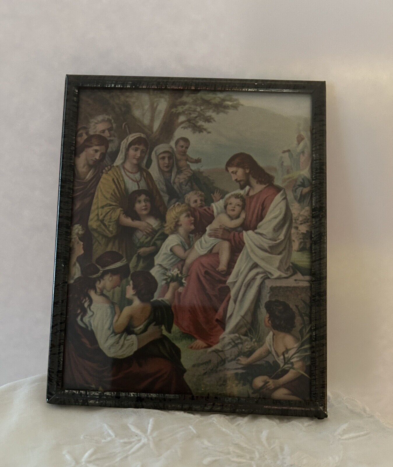 Jesus Christ Blessing Little Children Vintage Metal Frame Miniature Picture