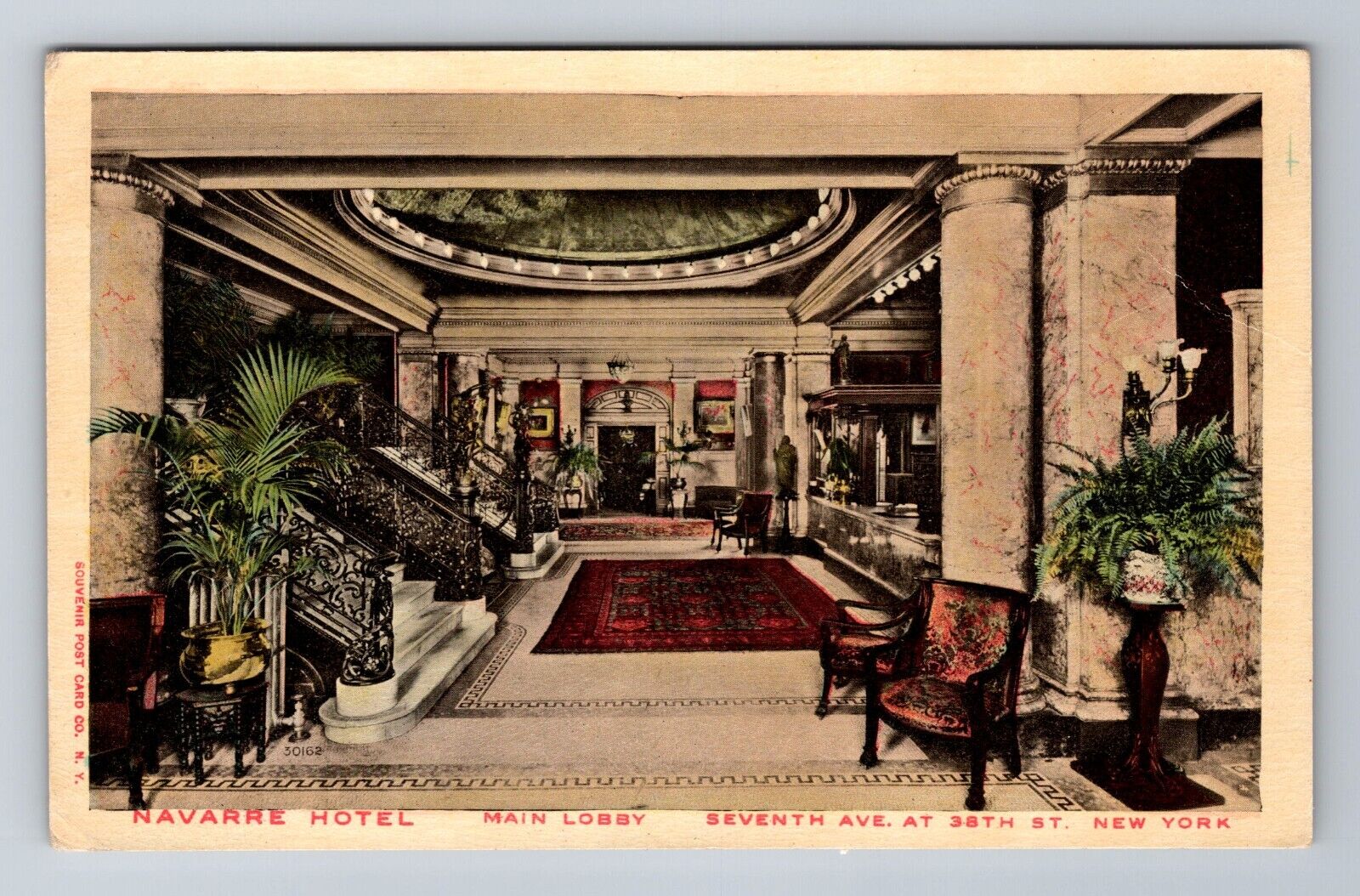 New York City NY, Main Lobby Interior at Navarre Hotel, c1910 Vintage Postcard