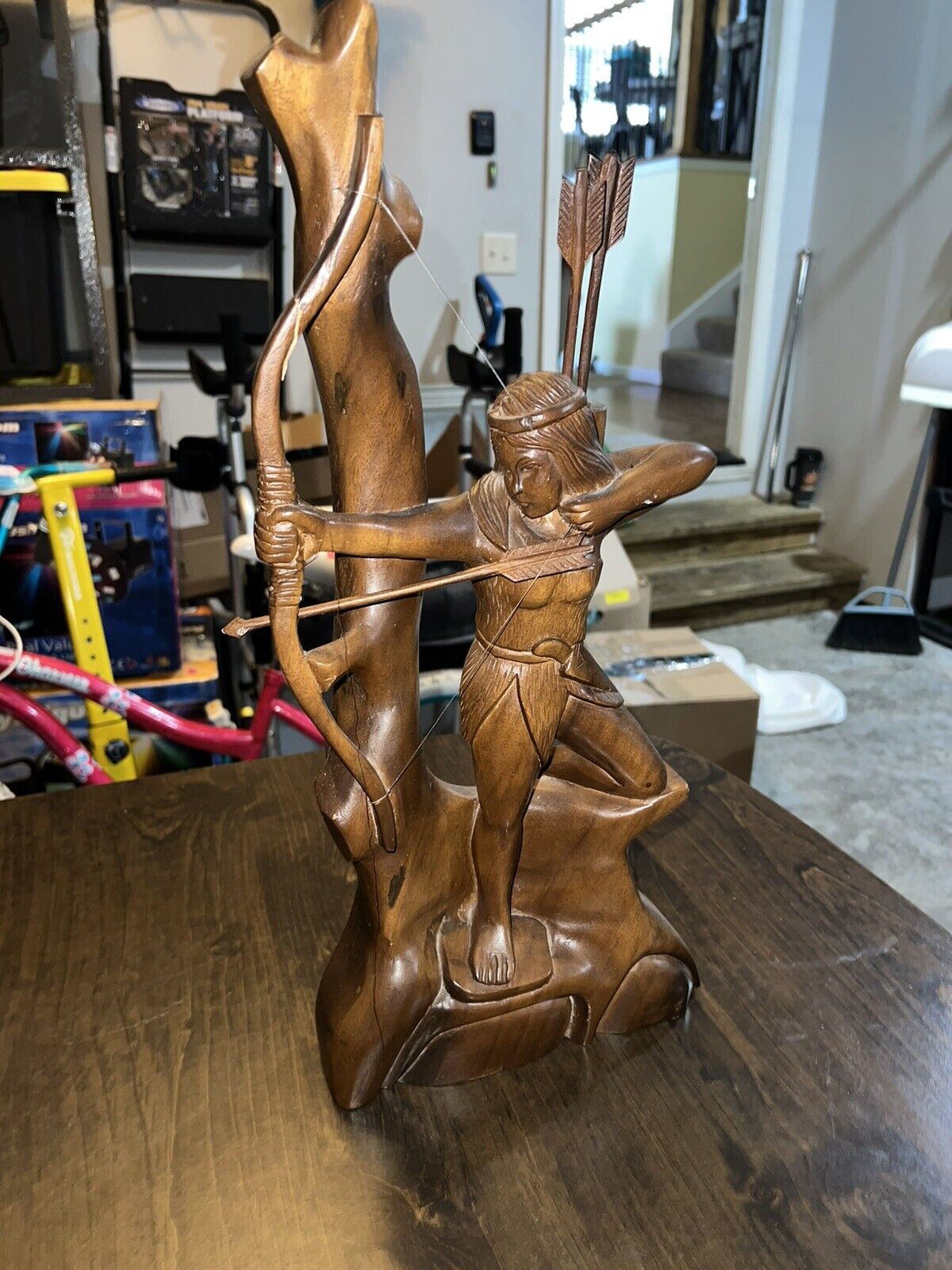 Vintage Handcrafted Statue Of Native American Shooting Bow And Arrow