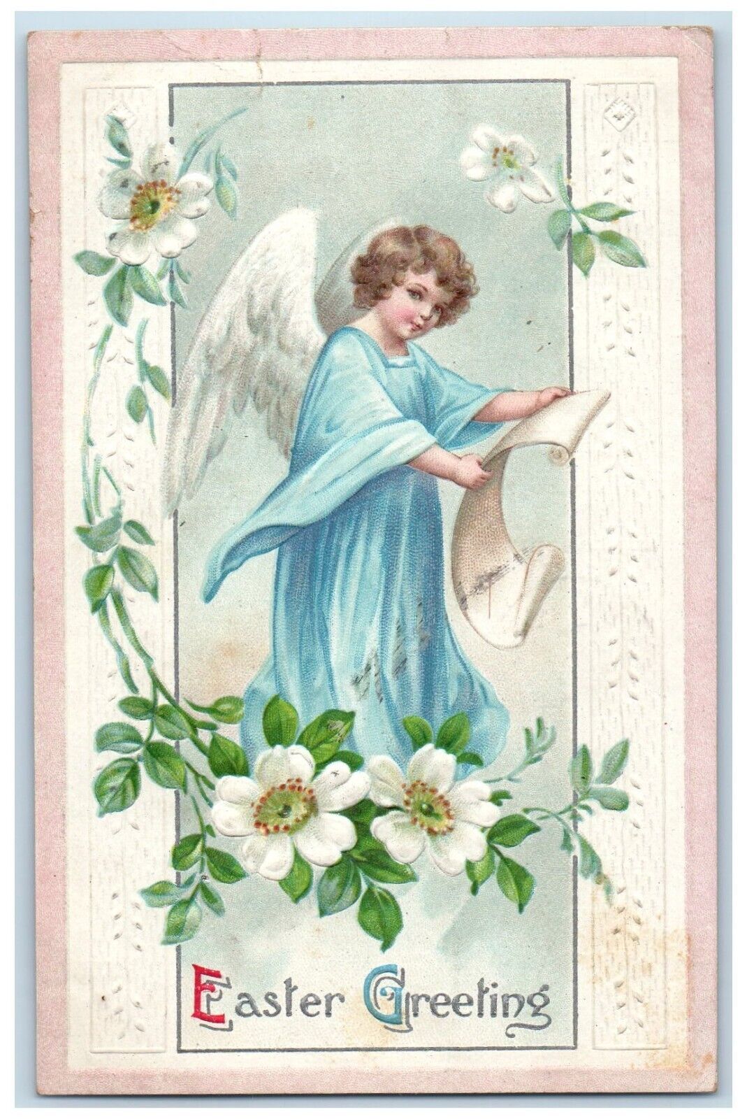 1913 Easter Greetings Cherub Angel White Flowers Embossed Antique Postcard