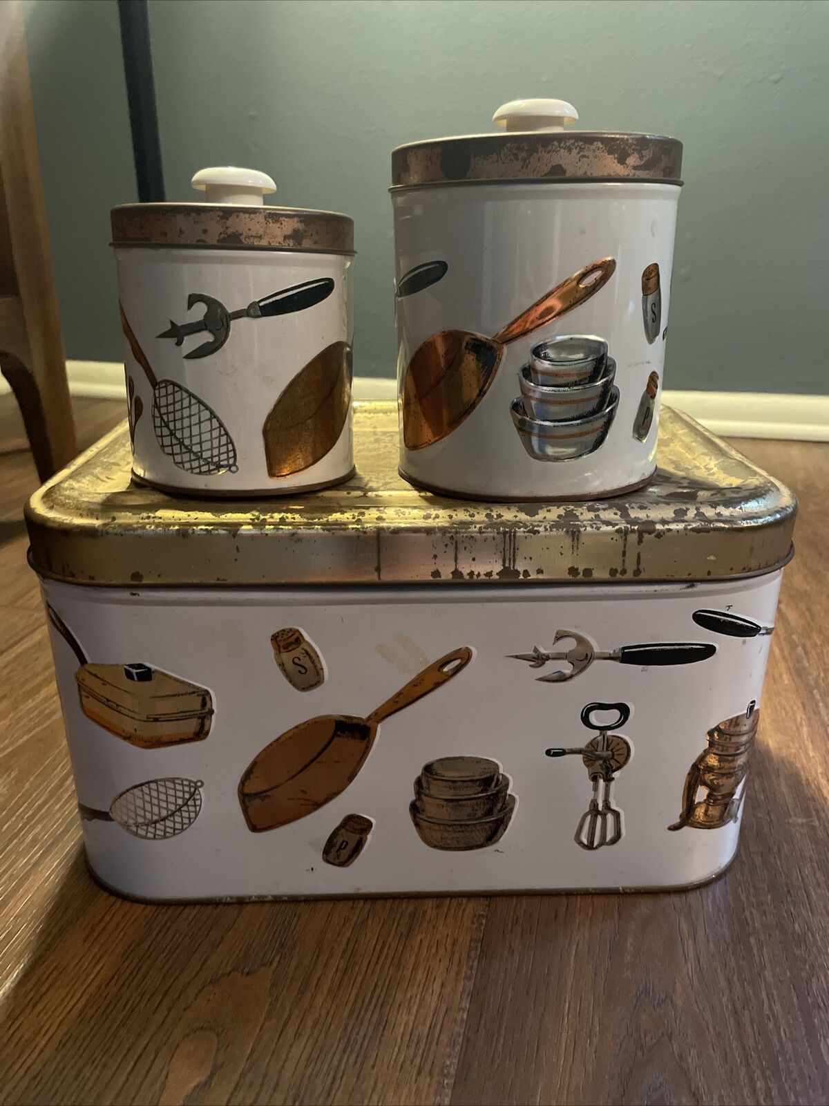 Vintage MCM Metal Bread Box Kitsch Kitchen Design PLUS Matching Canister 3pc Set