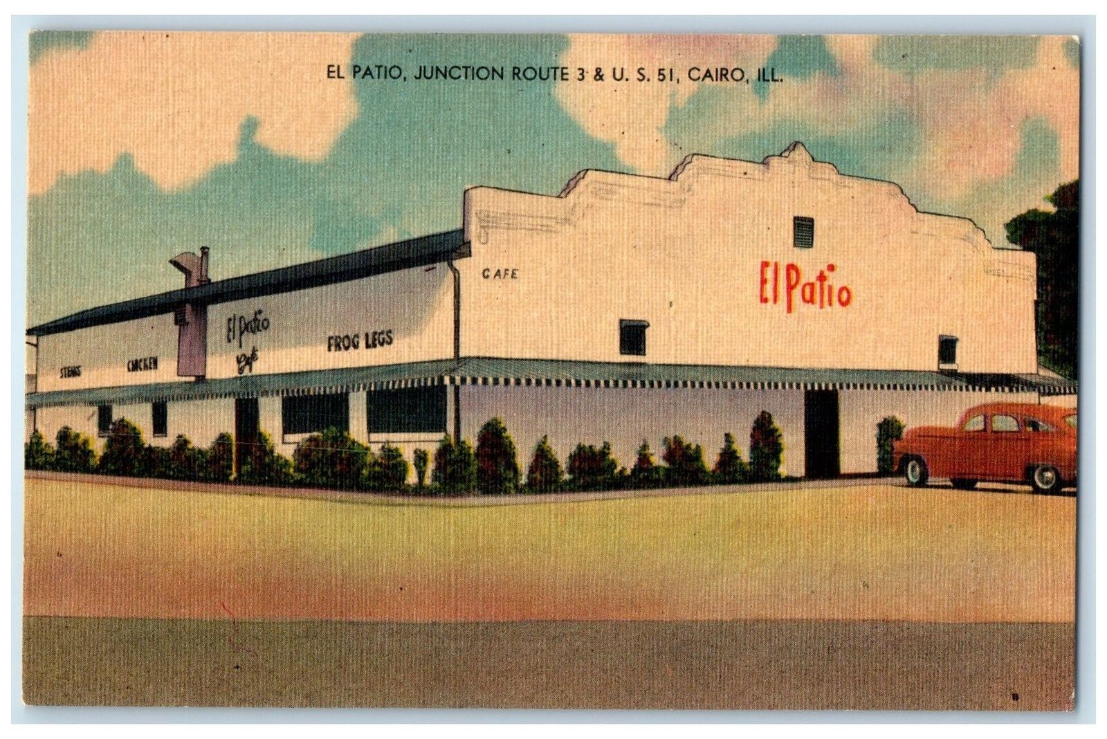 c1940's El Patio Restaurant Building Classic Cars View Cairo Illinois Postcard