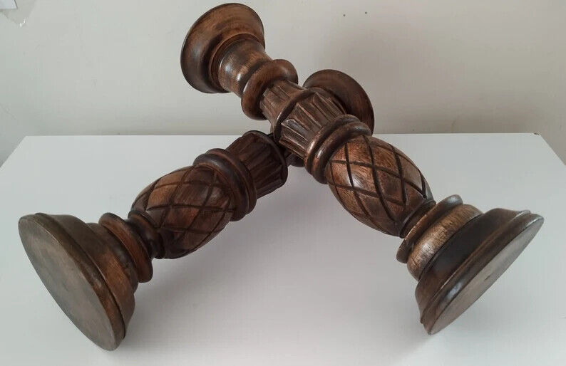 Pair vintage hand made wooden candle holders carved Decor  Massive Tree art