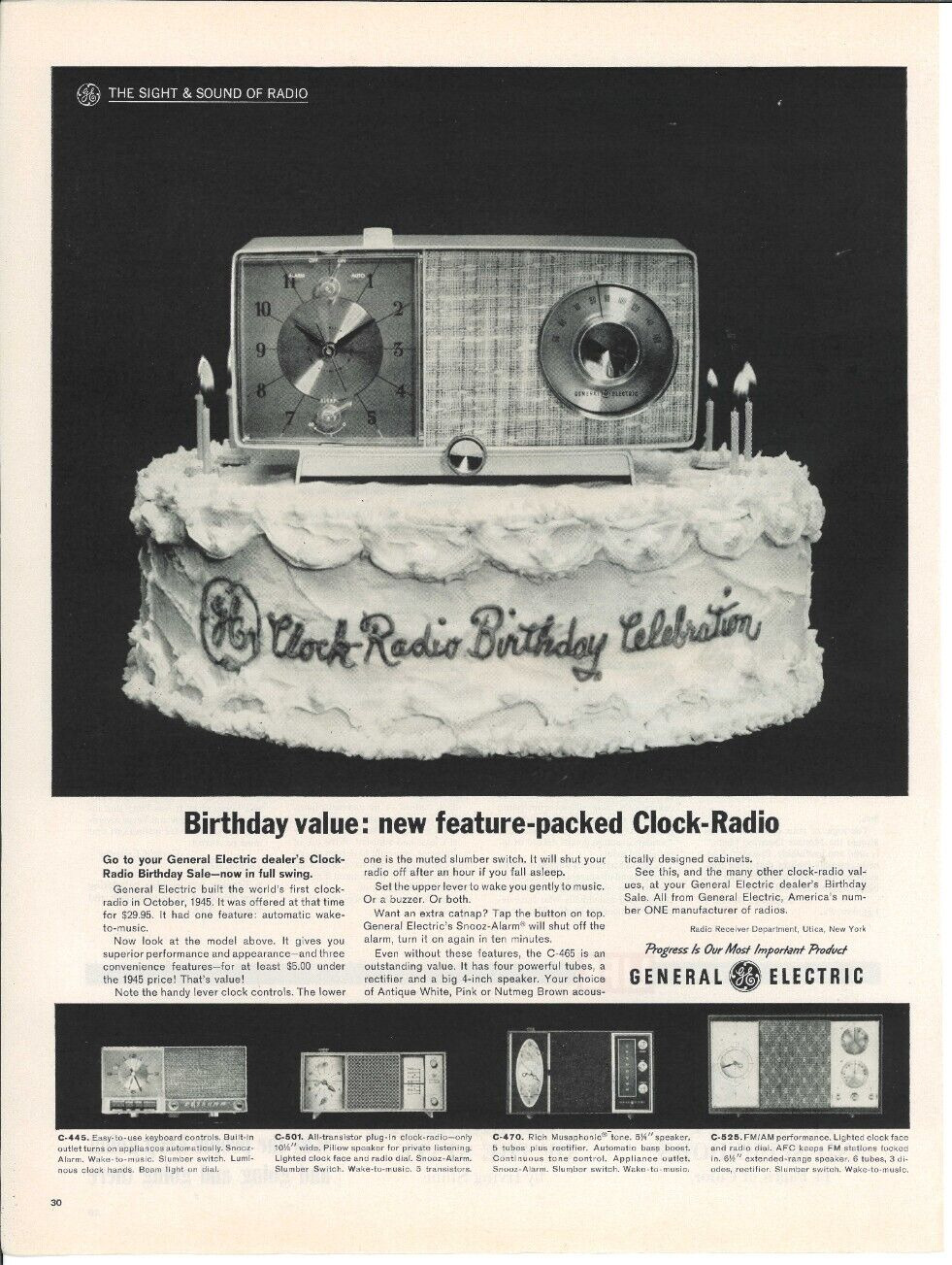 1962 GE General Electric Clock Radio Birthday Celebration Cake Vintage Print Ad