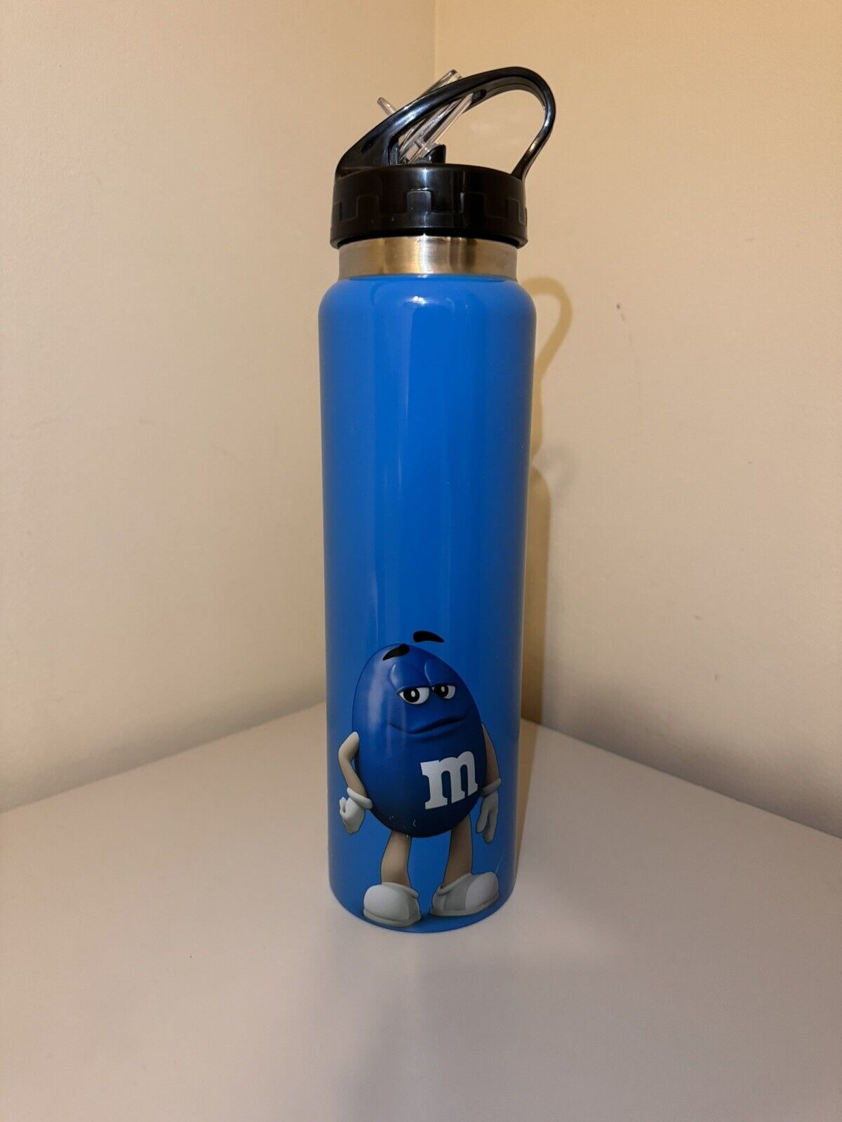 M&M\'s World Blue Character Water Bottle 25oz Flip Lid Used