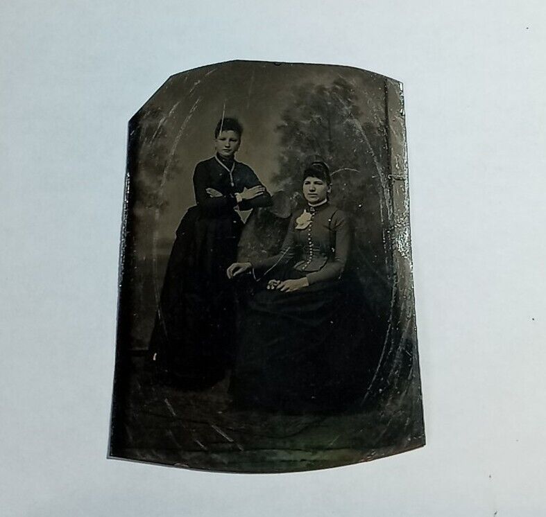 Vintage Antique Tintype Photo of Two Young Ladies - One Holding Flowers