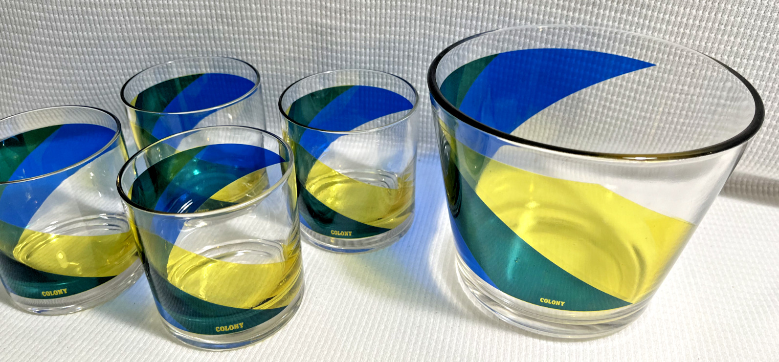 Vintage Mid Century Modern Colony Ice Bucket/4 Highball Glasses/YellowGreenBlue
