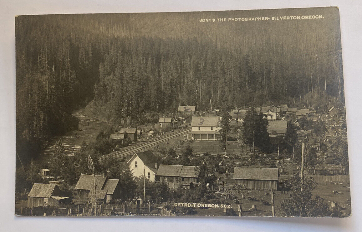 Vintage RPPC Postcard 1915~ Aerial View of Town, Railroad Tracks ~Detroit Oregon