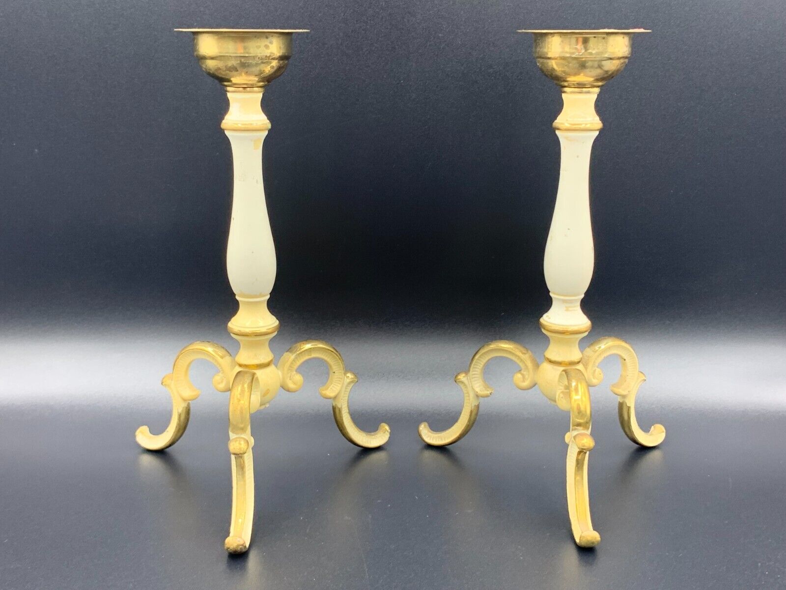 Pair Antique French Art Deco Enamelled Brass Bronze Tripod Candle Stick Holders