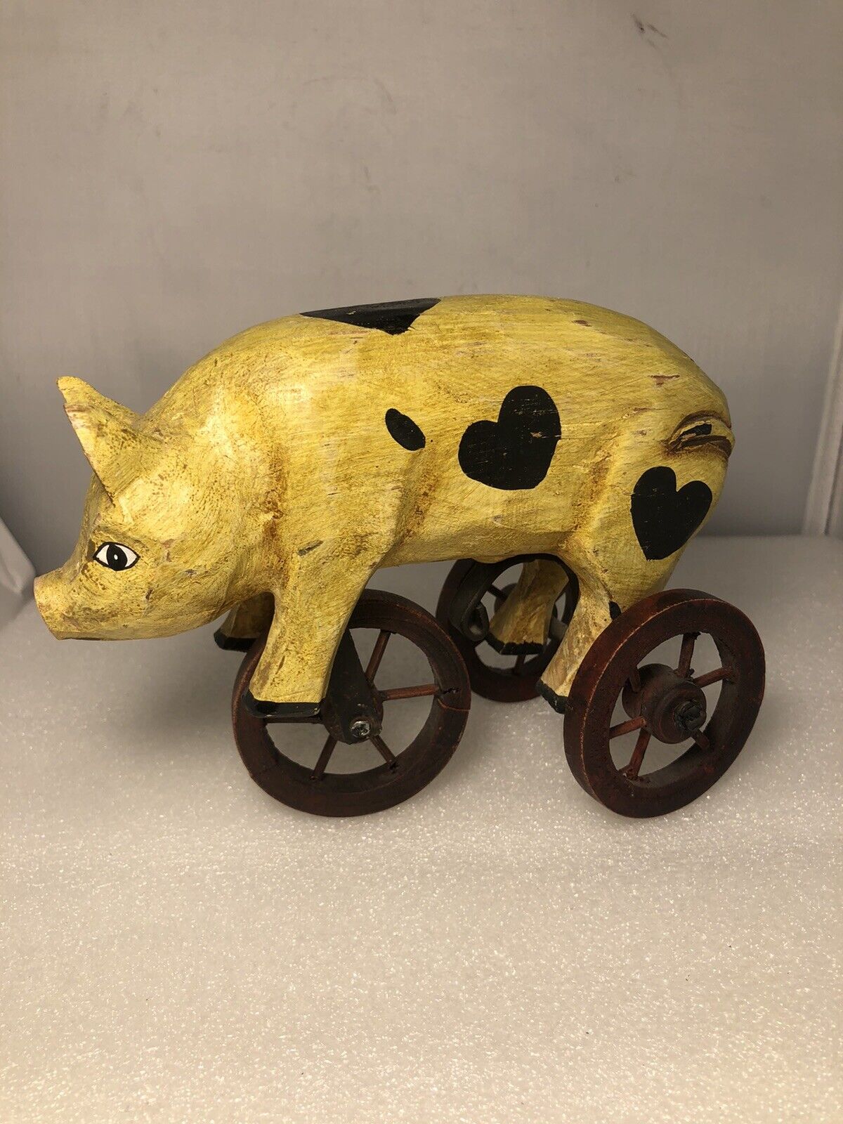 Folk Art Wooden Carved Pig on 3 Wheels Figurine Primitive Eclectic RaRe Toy