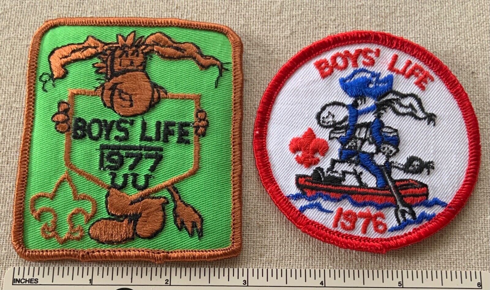 2 Vintage 1976 & \'77 BOY\'S LIFE Boy Scout Uniform Badge PATCHES Pedro BSA Camp