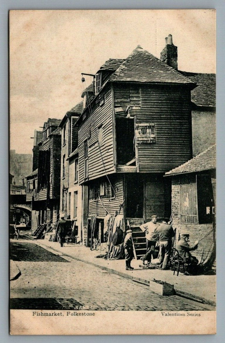Folkestone England early DB postcard Fishmarket, street scene, Valentine series