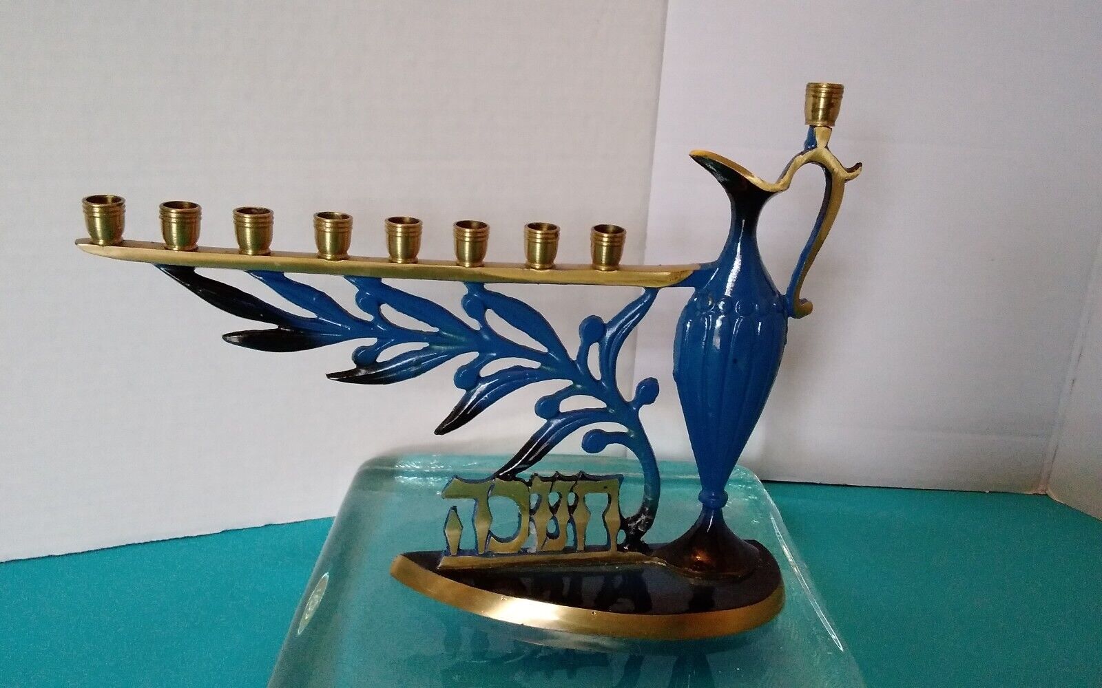 Vintage Solid Brass Blue Enamel Hanukkah Menorah Olive Oil Jug Made in Israel