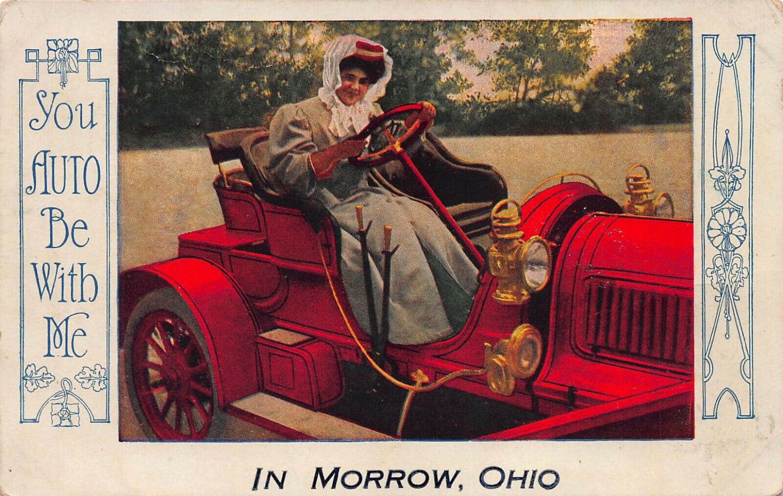 Woman in an Early Car, in Morrow, Ohio, Postcard used in 1911