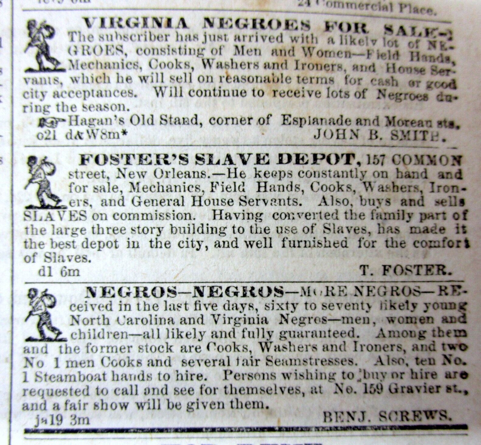 1852 NEW ORLEANS LOUISIANA newspaper w 4 ADS for AUCTION SALE of NEGR0 SLAVES