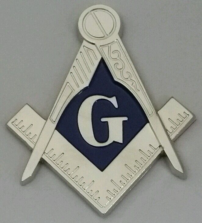 New Freemason Masonic Square and Compass Mini Car Emblem Silver & Blue Tone