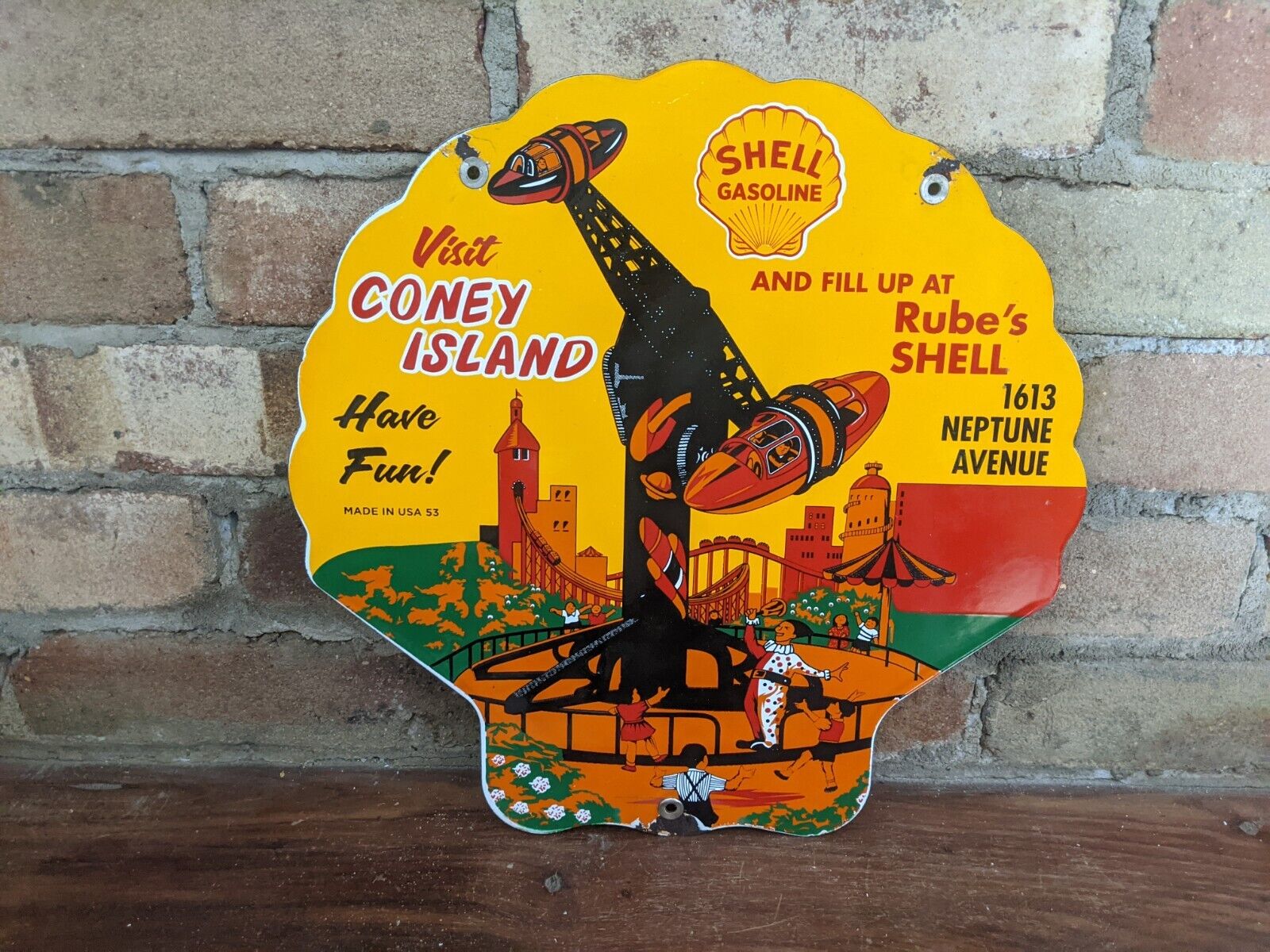 VINTAGE 1953 RUBE'S SHELL GASOLINE CONEY ISLAND PORCELAIN GAS PUMP SIGN 12