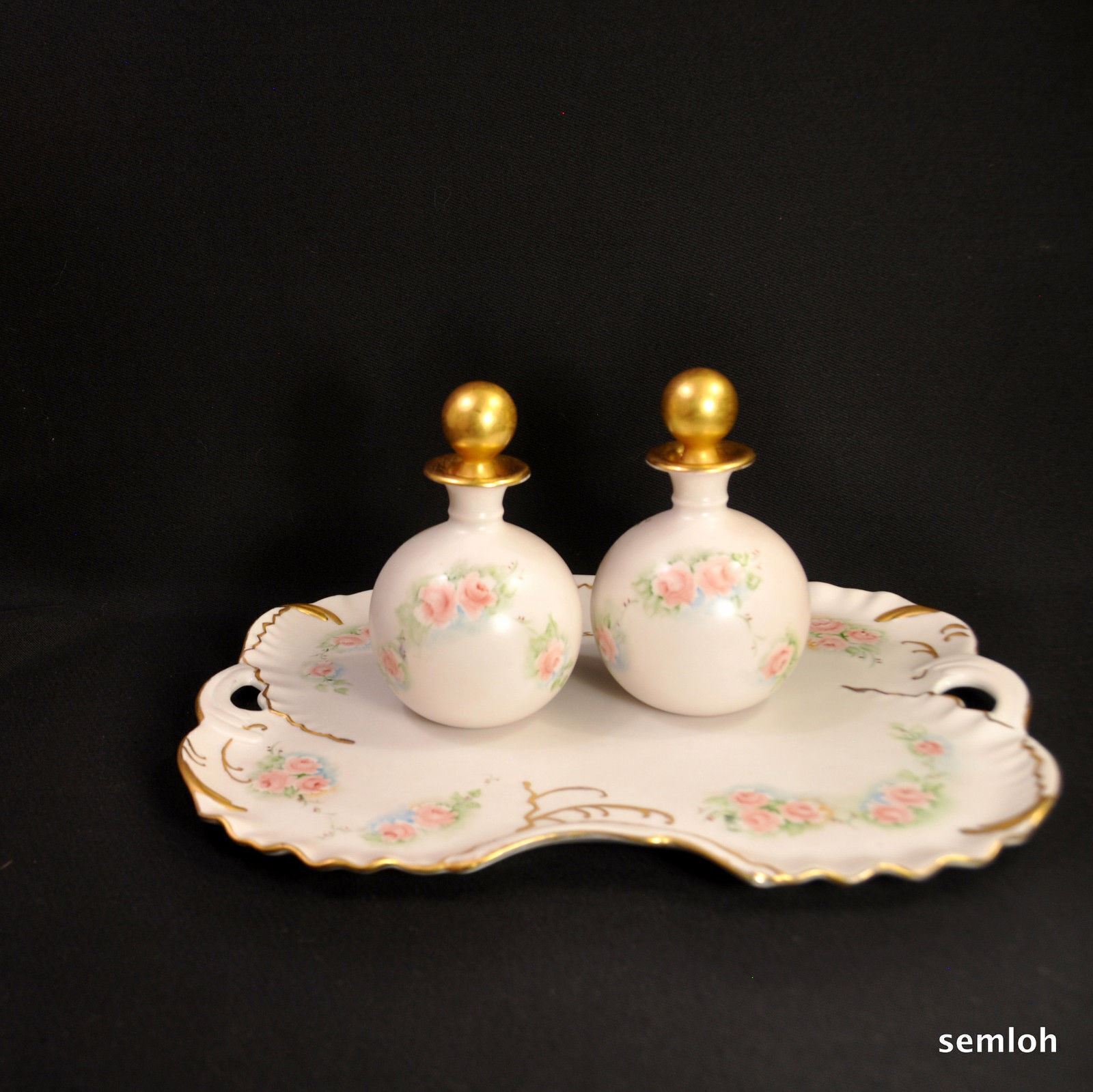 Vanity Dresser Tray 2 Perfume Bottles Pink Roses w/Gold Hand Painted Artist F.W.