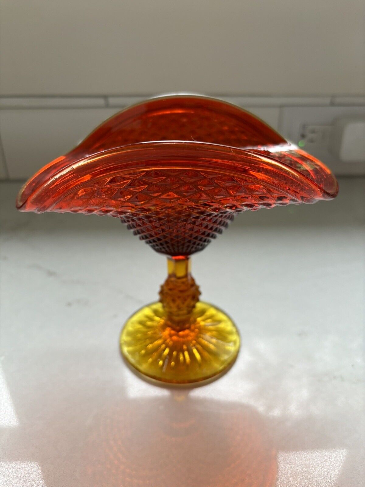 Vintage Italian Glass Amber In Diamond Point Flared Compote