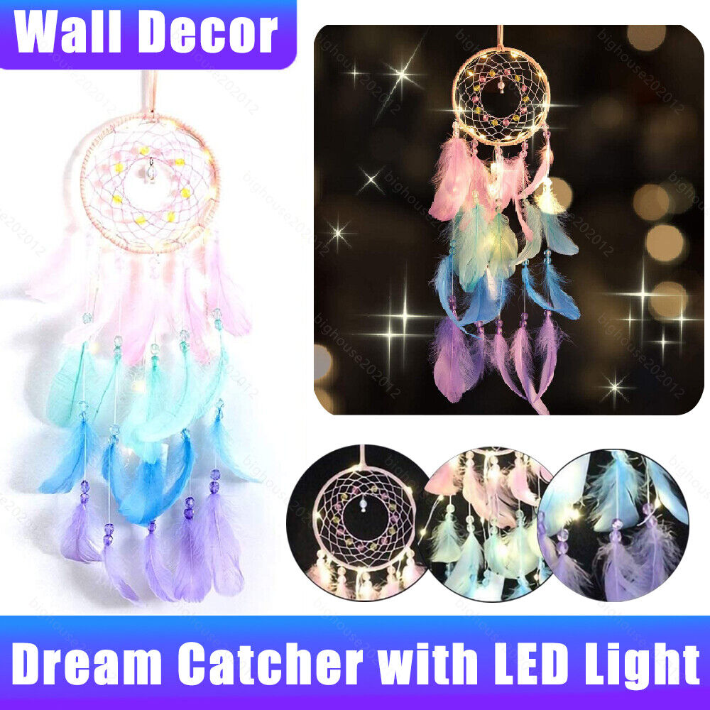 Dream Catcher with LED Light Wall Hanging Decoration for Girls Bedroom Wed Pink