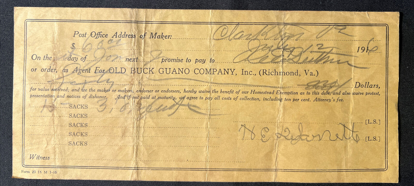 1916 OLD BUCK GUANO Company RICHMOND Virginia Promissory Note w TAX STAMP