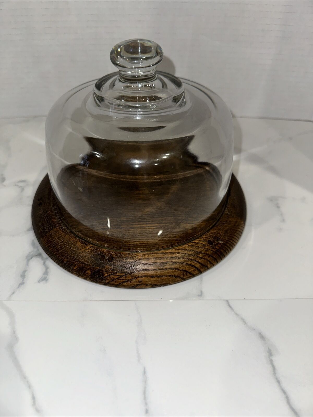VINTAGE GLASS CLOCHE WITH WOODEN BASE DOME CHEESE BOARD OR DECOR Appx 7x7 Inches