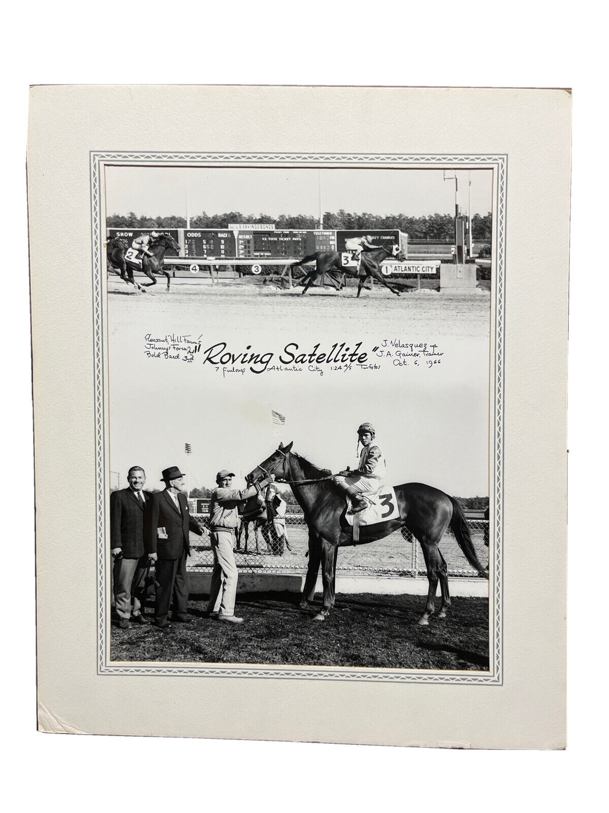 Rare Turfotos Horse Racing Oct 1966 Roving Satellite 11”x14” Mounted Photograph