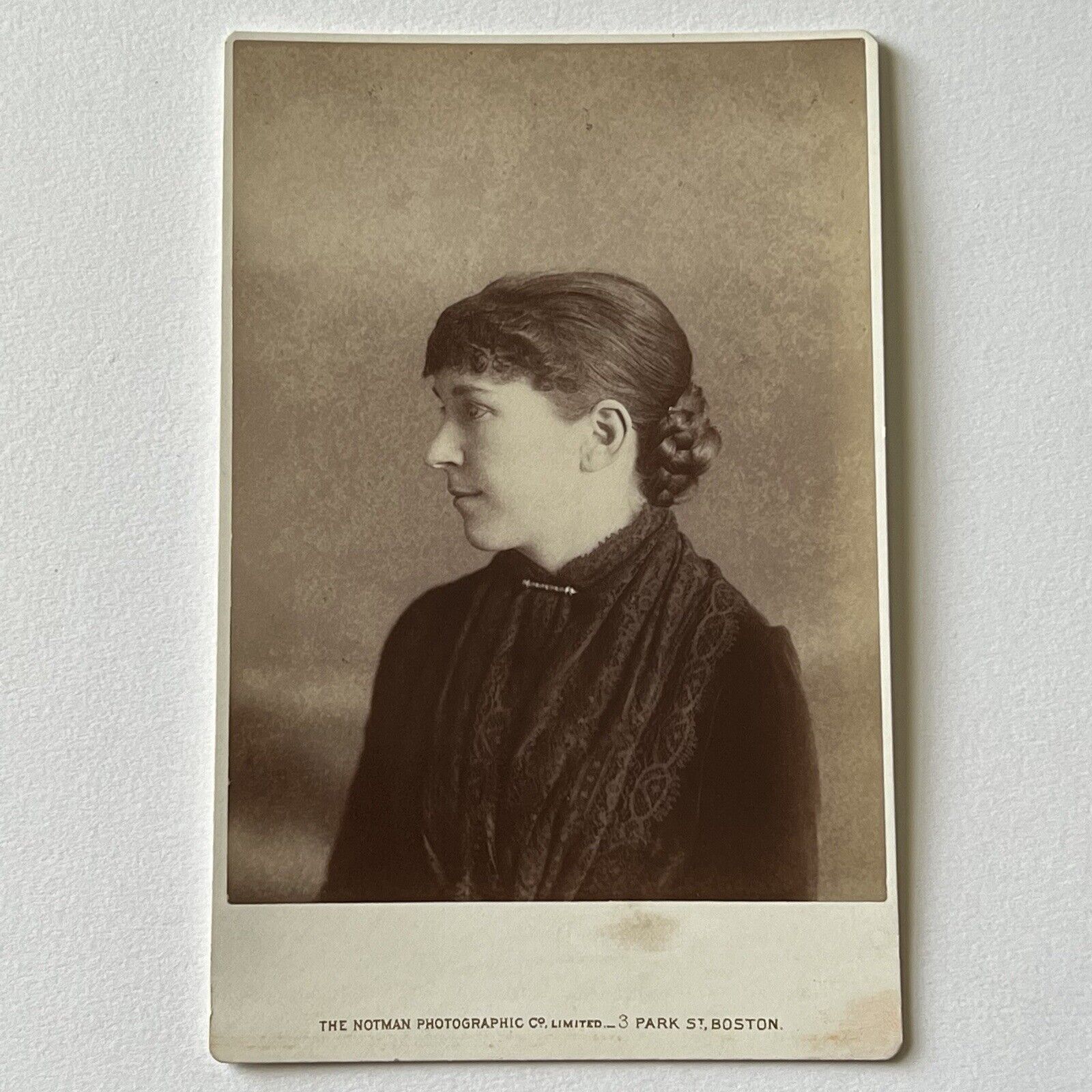 Antique Cabinet Card Photograph Beautiful Young Demure Woman Profile Boston MA