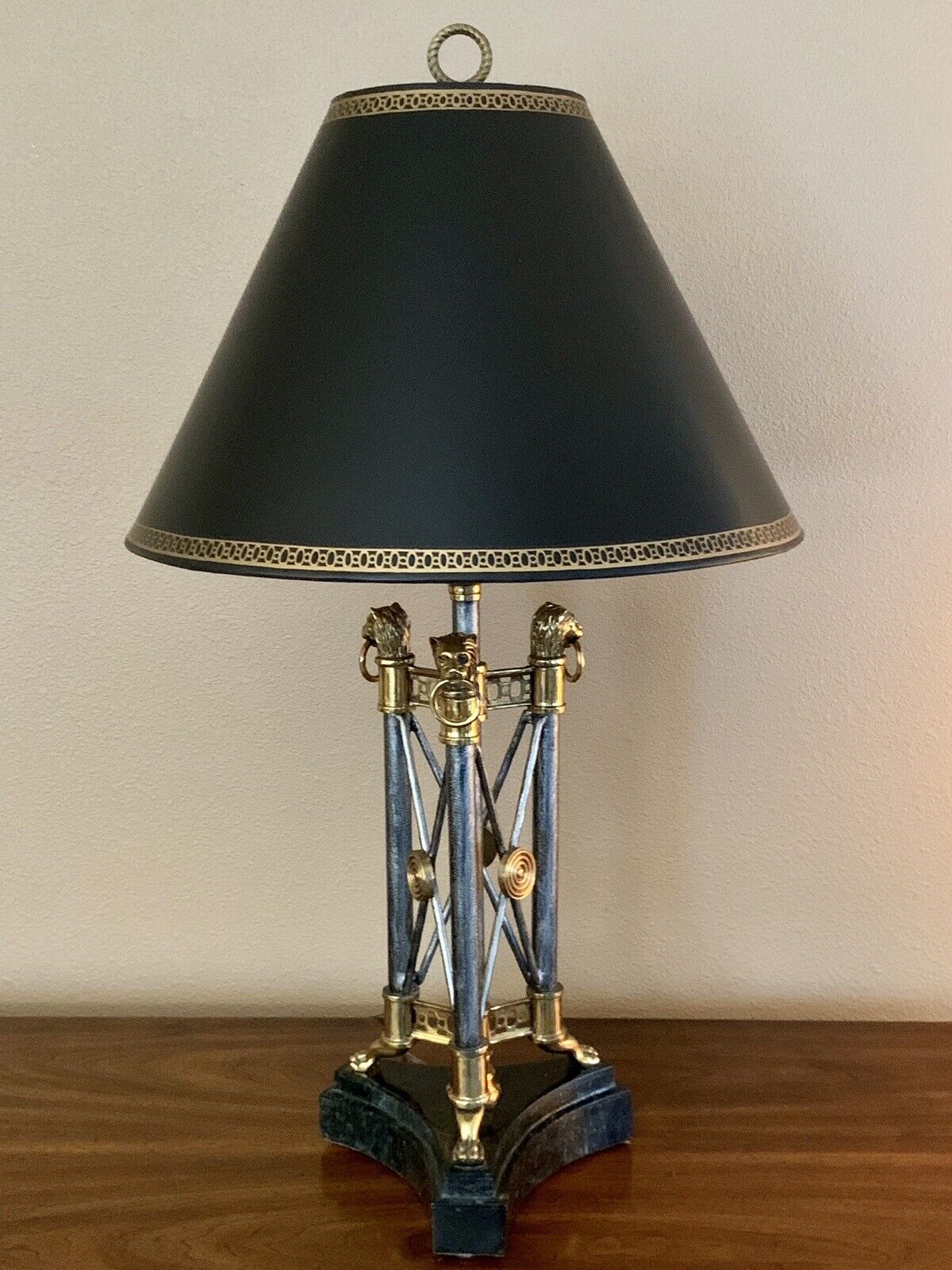 Maitland Smith Neoclassical Table Lamp, Napoleonic Campaign Style, Lion Heads