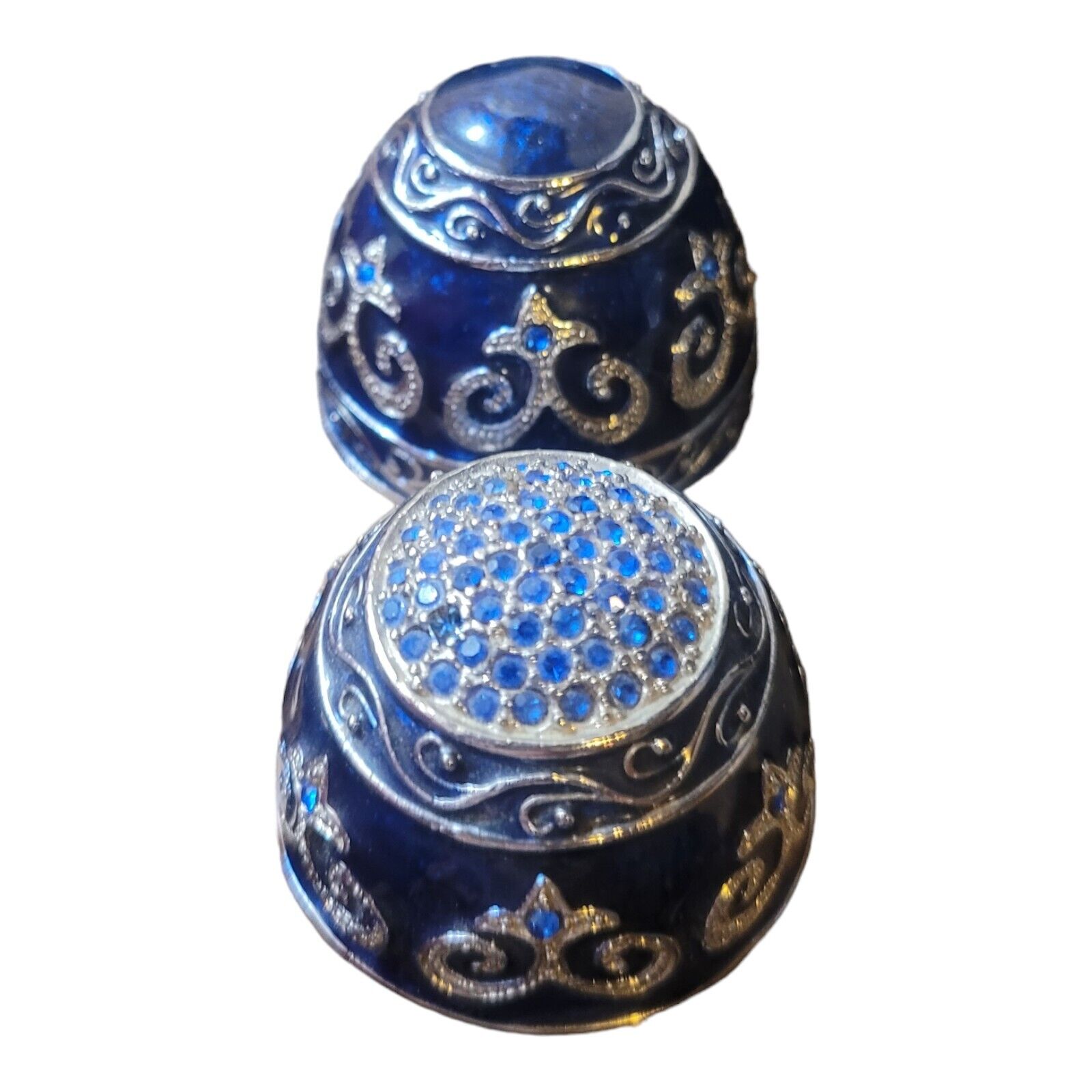 Vtg Enamel Cloisonne Egg Trinket Box Blue Sapphire Gems Ornate Hinged Jewelry 