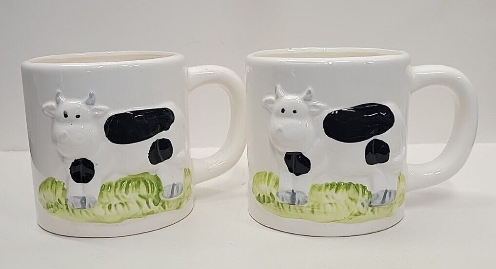 2 Vintage Ceramic Black White Spotted Smiling Cow Mug Pencil Holder Cup Taiwan