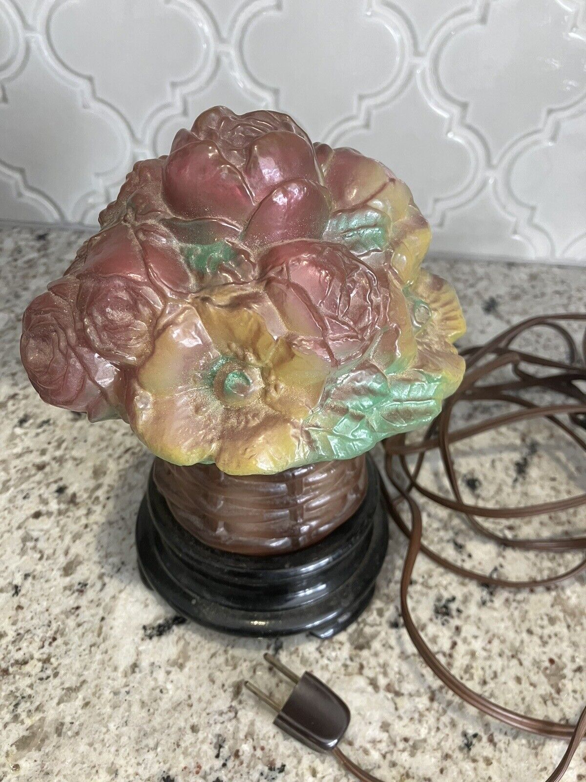 Tiffin-RARE HTF Antique Franciscan Glass Basket of Flowers Table lamp 1920