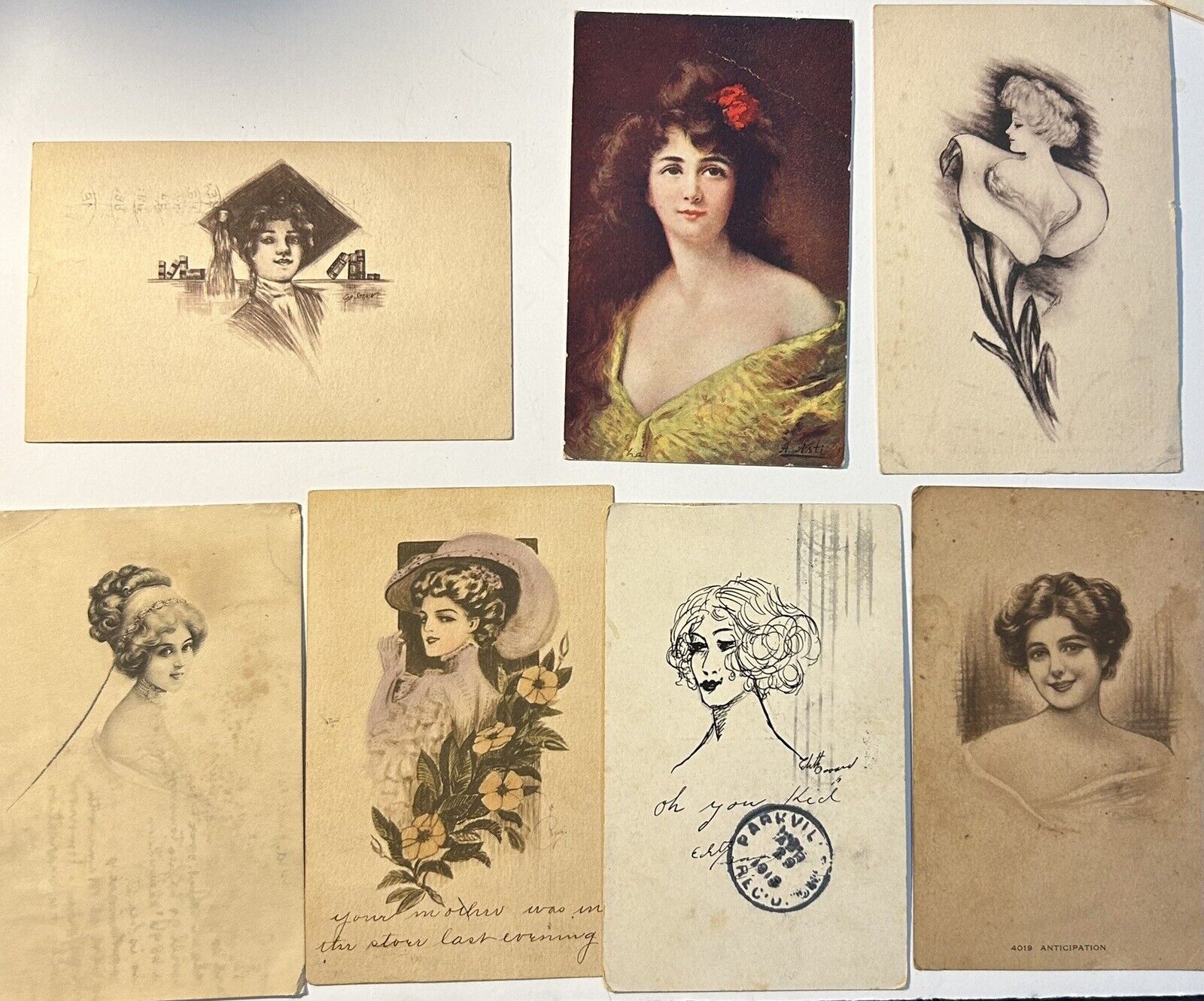 Vintage Postcards 7 Portraits Beautiful Women Hand Drawn Cob Shinn Zimmermann