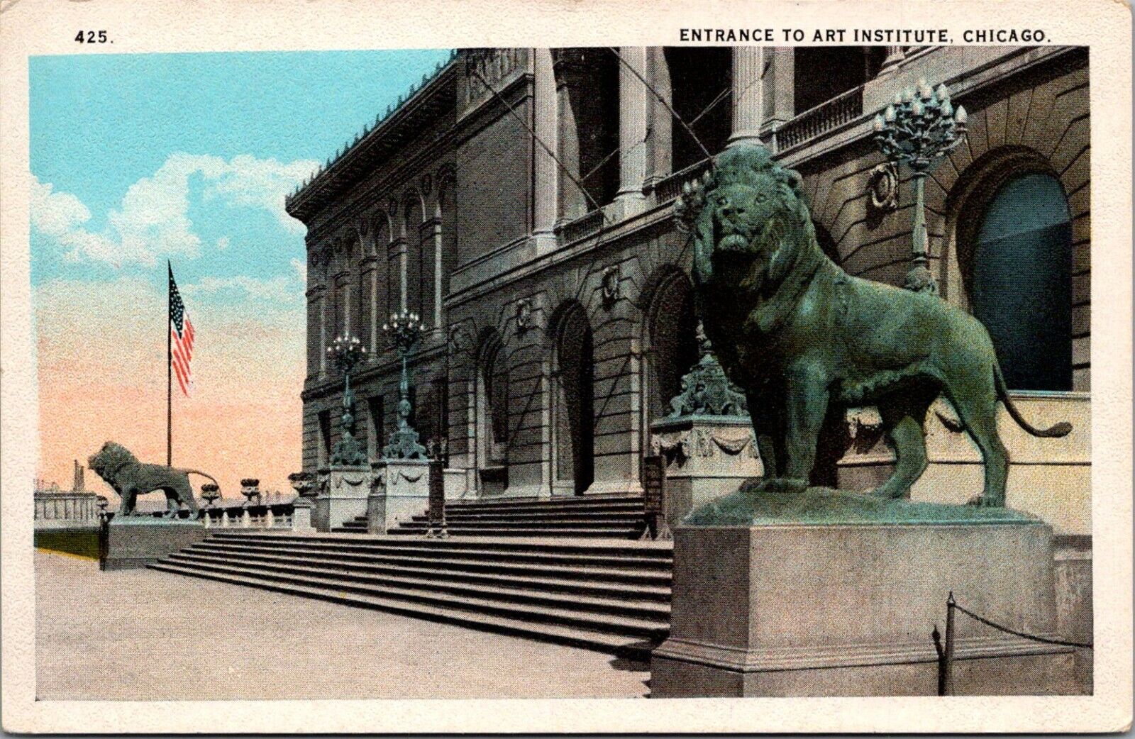 Chicago Art Institute Entrance Lion Sculptures Flag White Border Postcard UNP