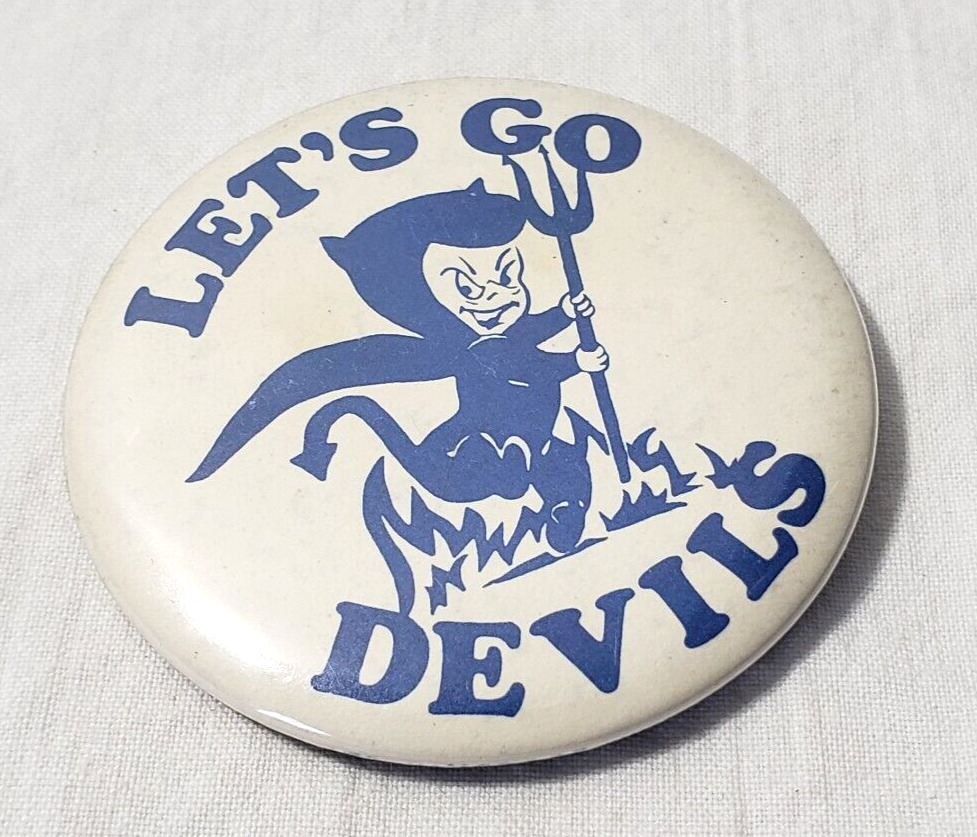 Vintage Let\'s Go Devils Team Spirit Badge Button Pin Pinback BL/wh 1975 Wincraft