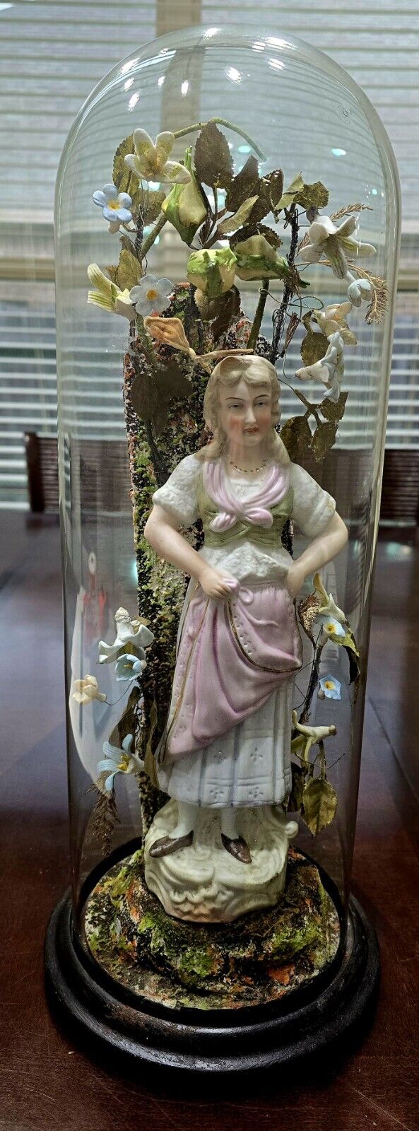Antique Victorian Glass Dome Ceramic Girl Surrounded By Flowers  Late 1800s