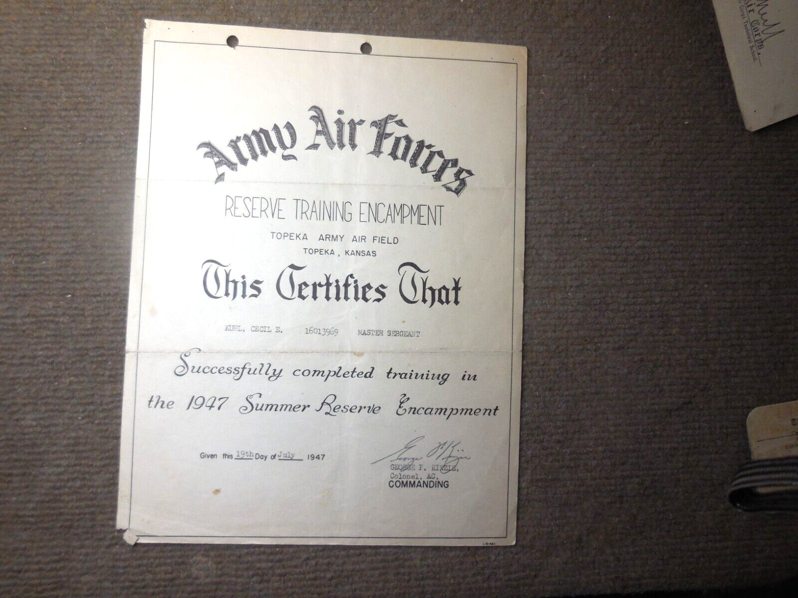 Vintage 1947 US Army Air Forces Reserve Training Encampment Certificate