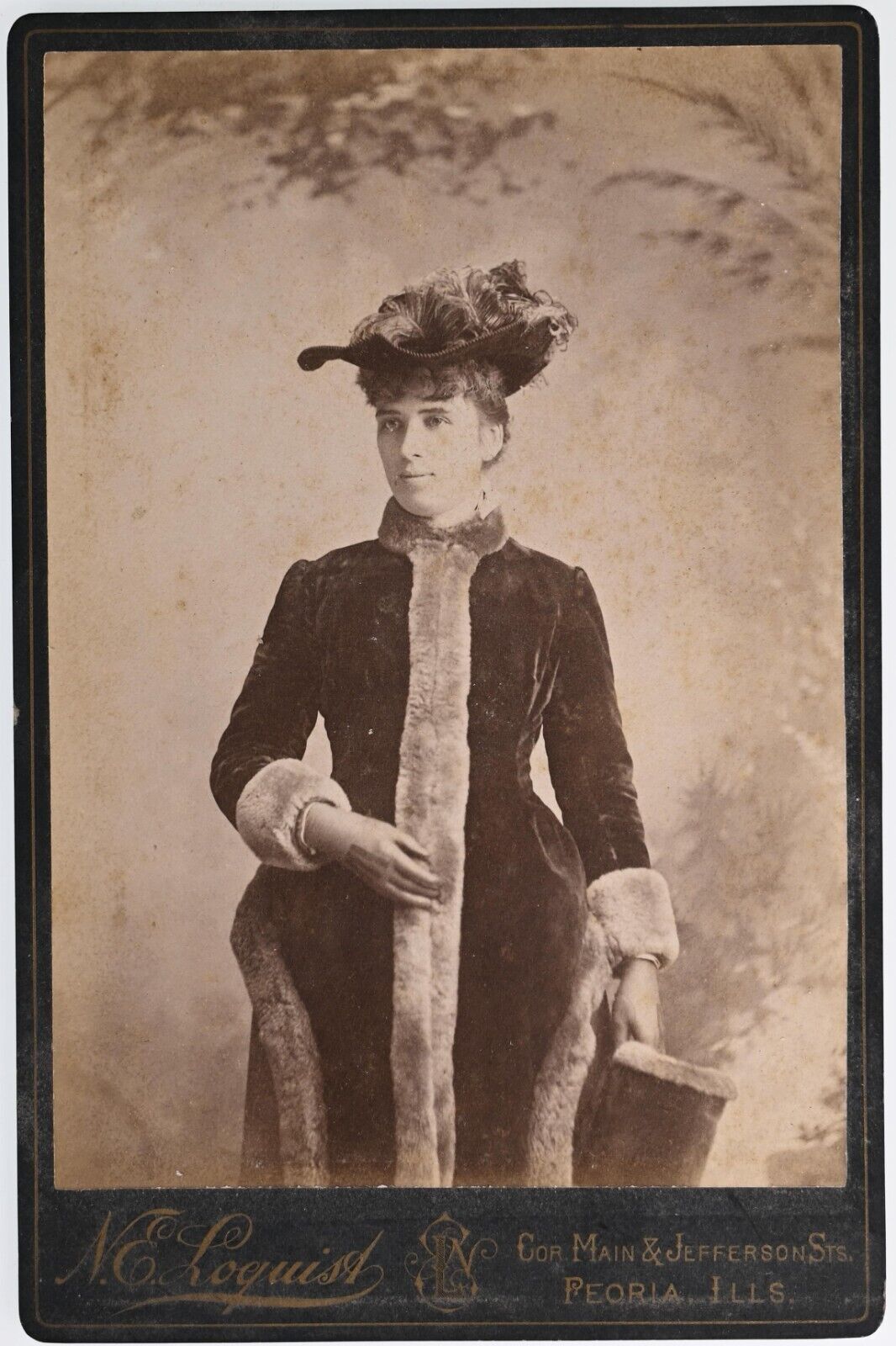 C. 1880s CABINET CARD N.E. LOQUIST GORGEOUS LADY IN FANCY DRESS PEORIA ILLINOIS