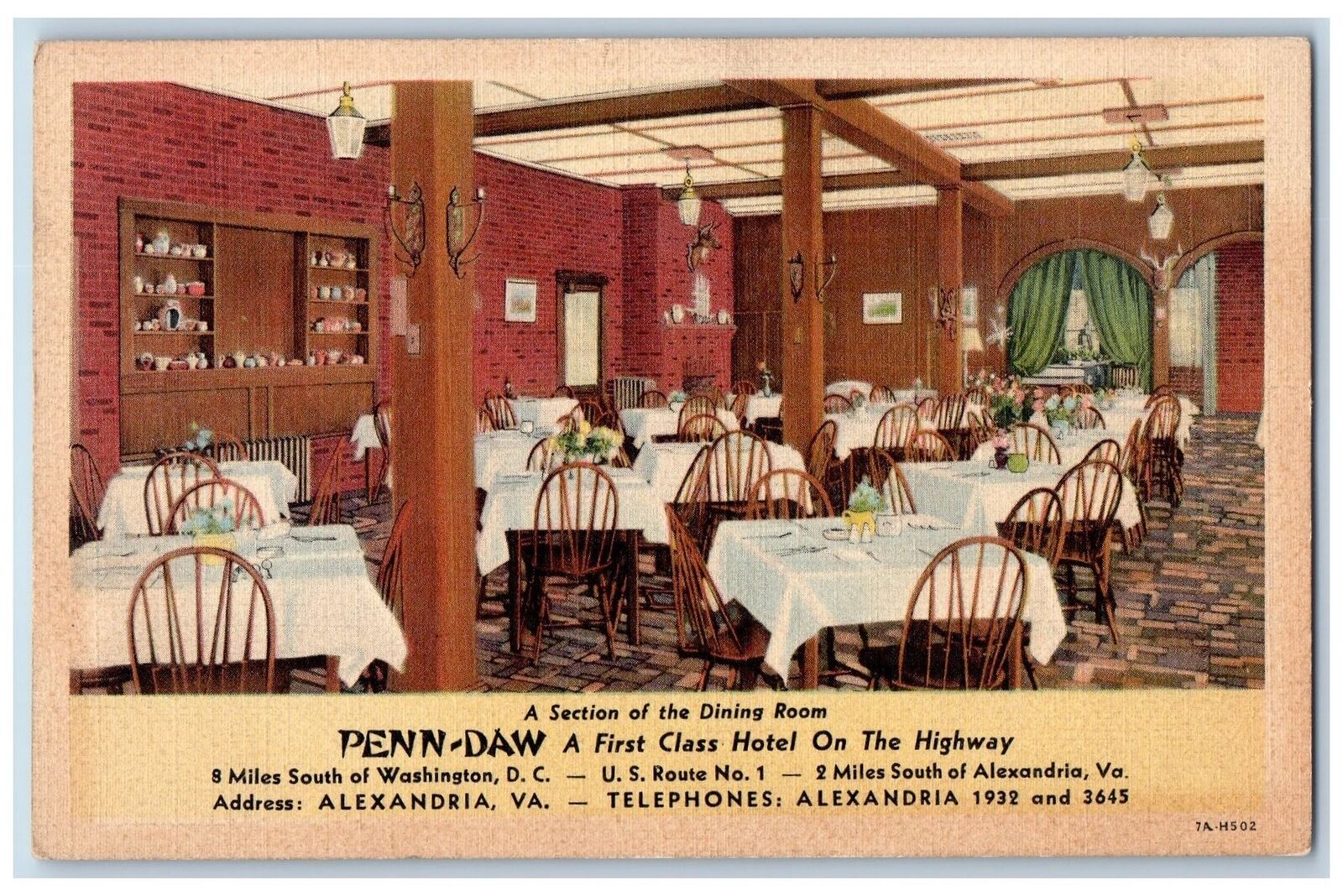 c1940\'s Penn-Daw Hotel & Restaurant Alexandria Virginia VA Advertising Postcard