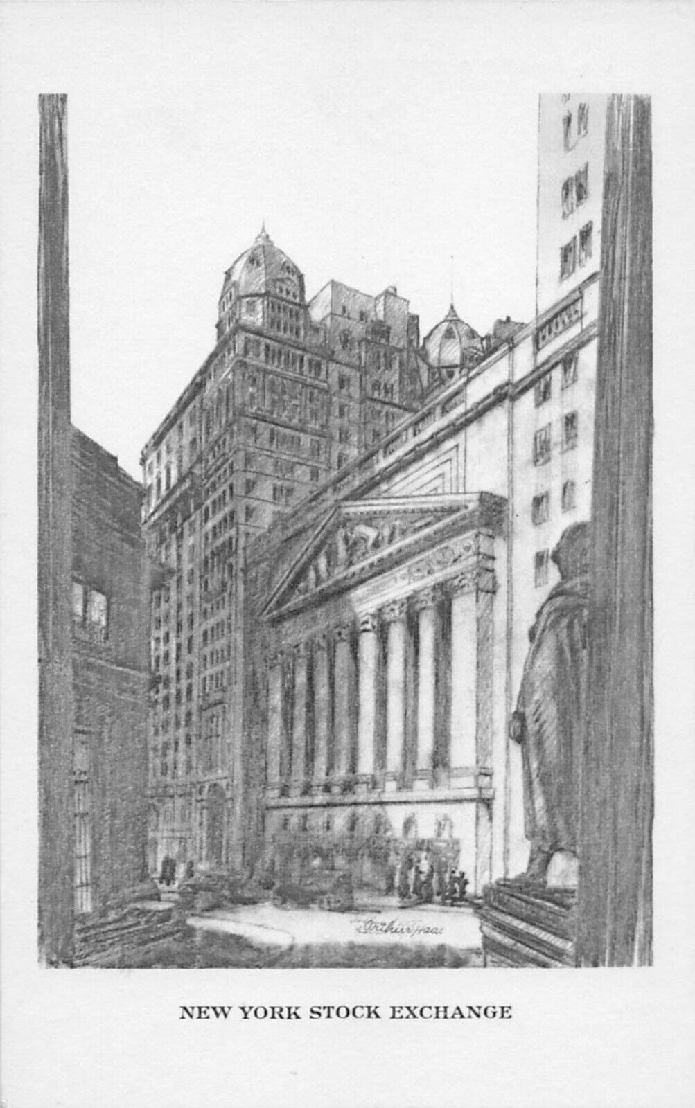 Vintage Artist Signed Arthur Haas NYC New York Stock Exchange Postcard