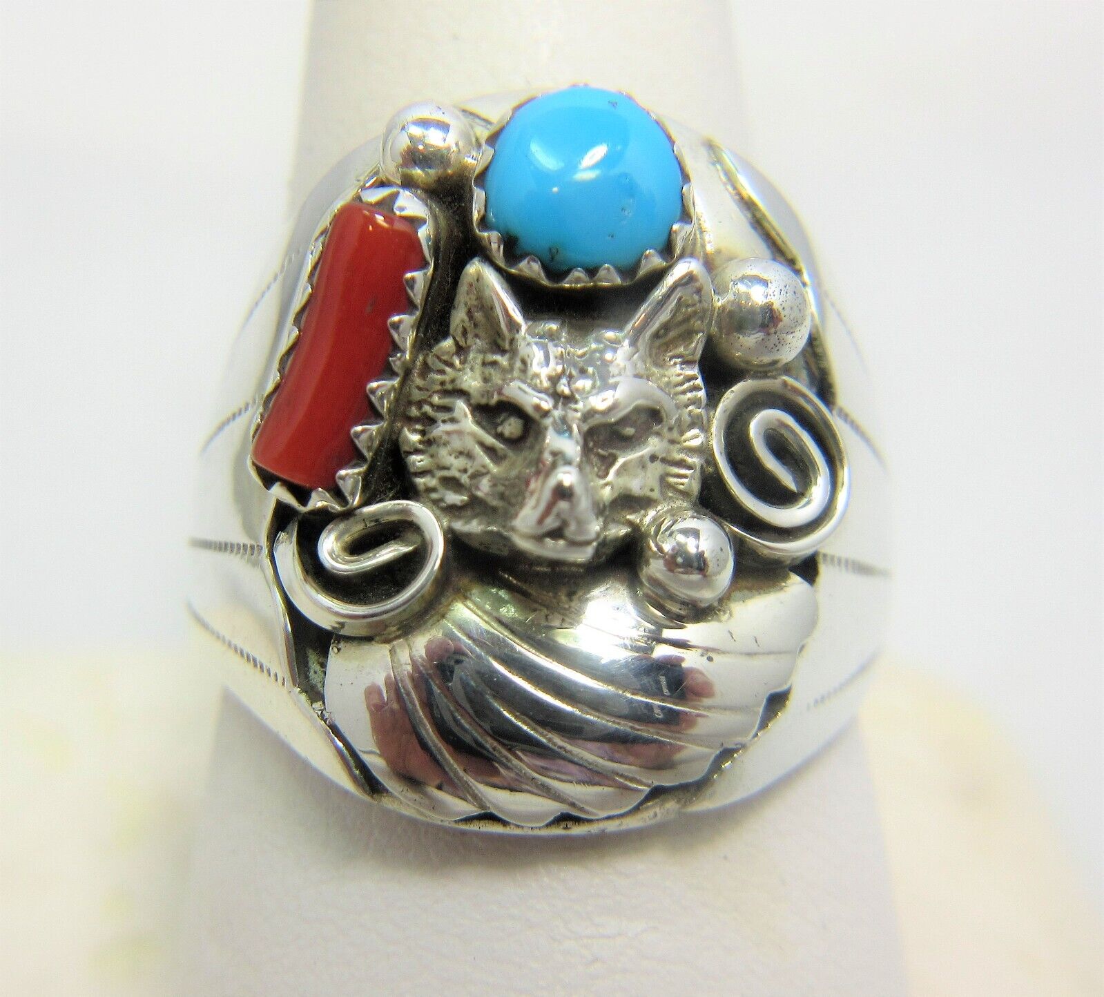 Native American Wolf Ring Size 10 Navajo Grace Smith Turquoise Coral Silver  #31
