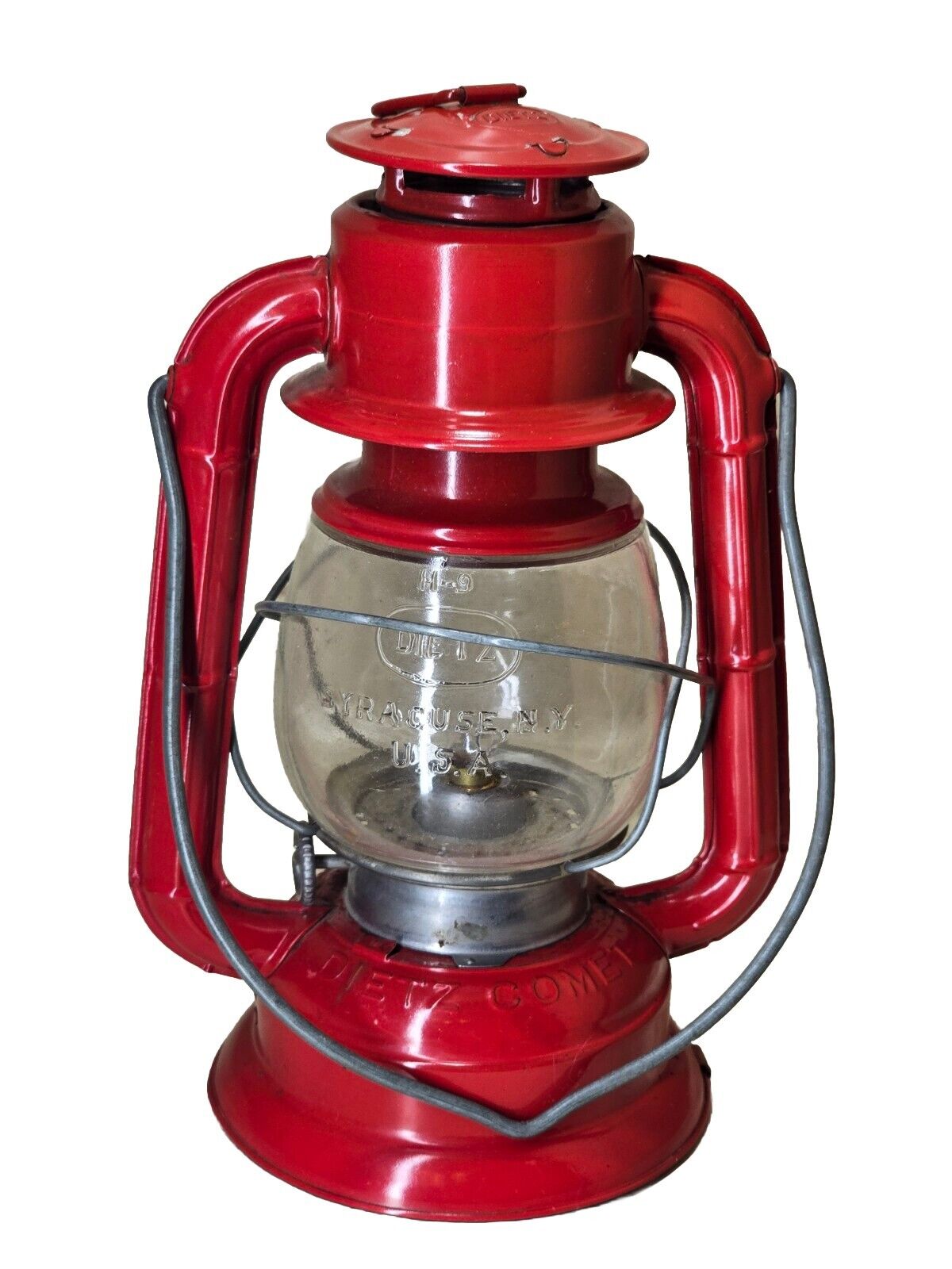 Vintage Dietz H-1 Glass Comet Lantern Red 8-1/2” Tall USA Patent Off Syracuse,NY