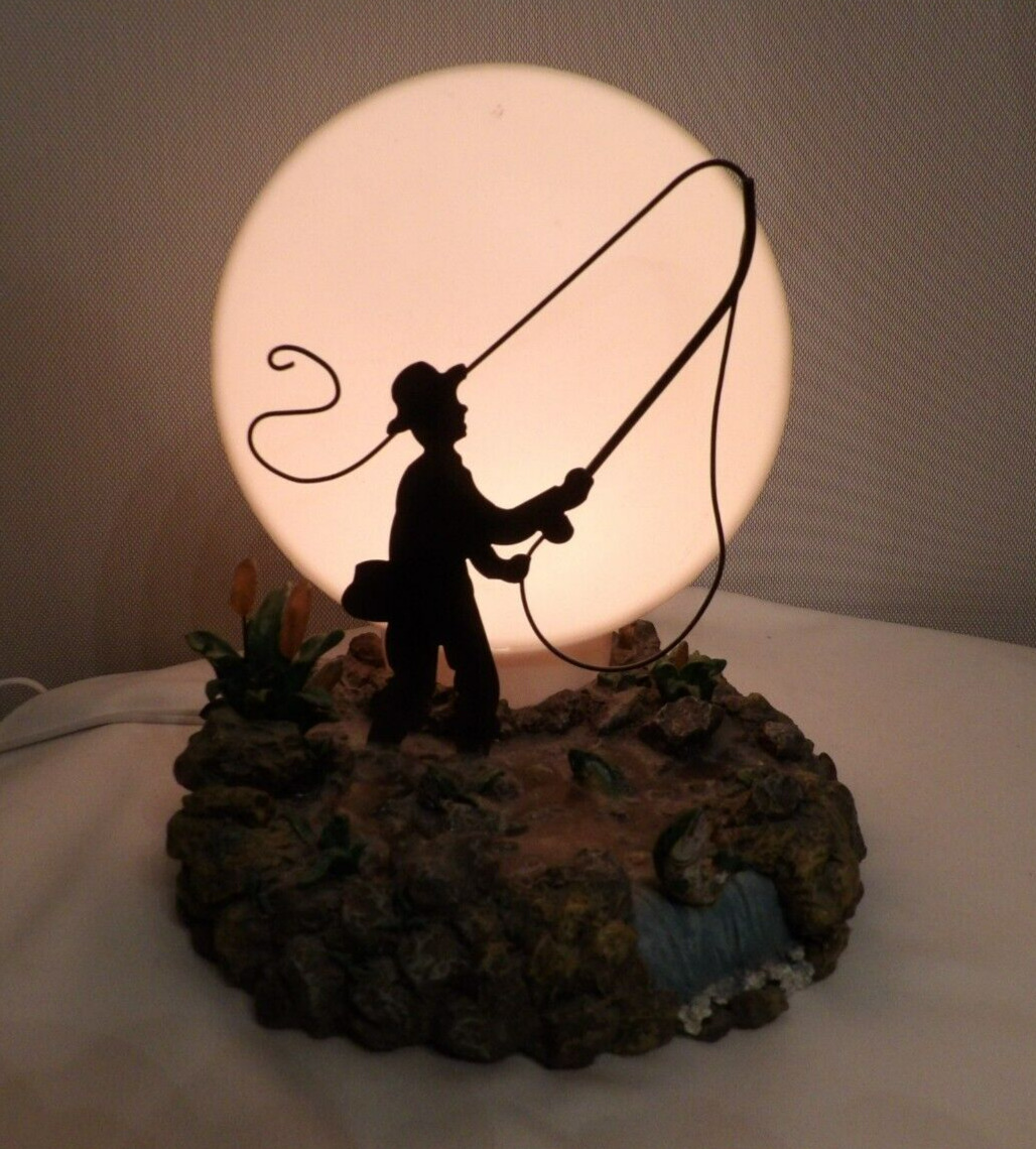 Vintage Fly Fisherman Silhouette Fishing By Moonlight Table Lamp Trout NICE