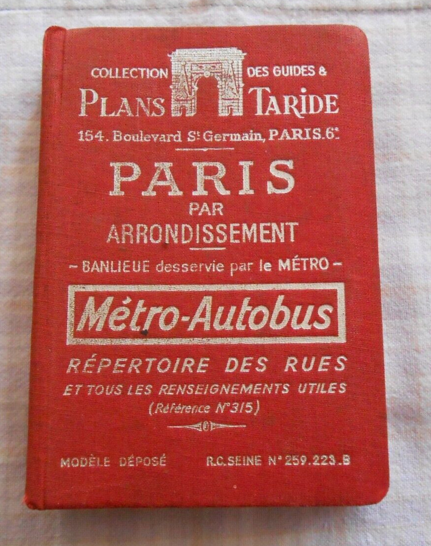 Vintage 1950s Hardcover PARIS Guide Directory Maps Fold Out Big Map Plans Taride