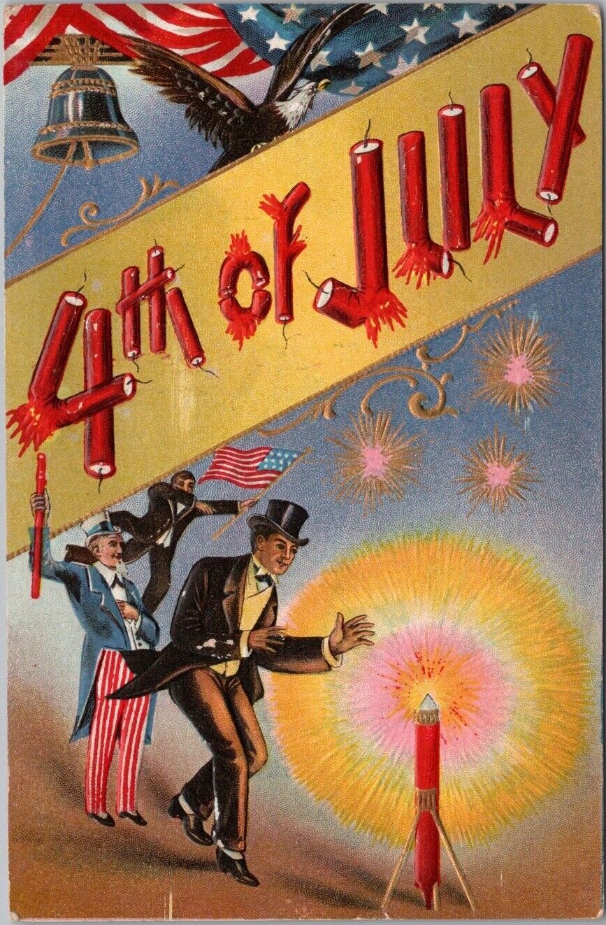 1911 4TH OF JULY Embossed Greetings Postcard Uncle Sam Firecrackers Bald Eagle