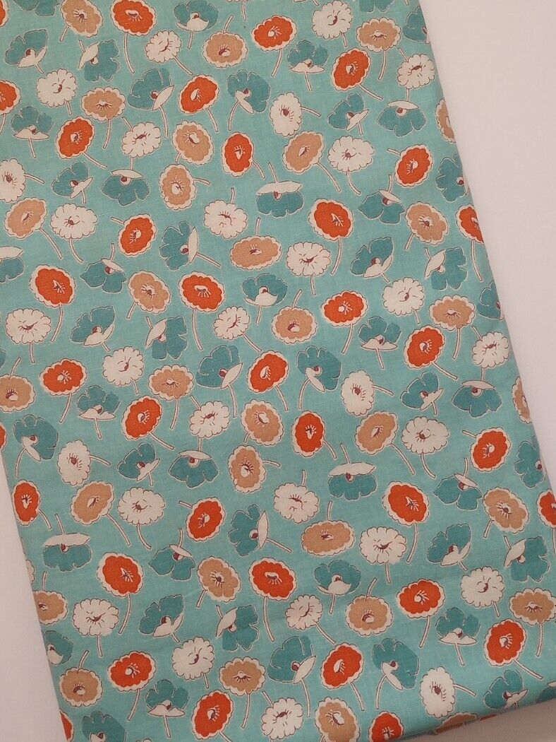 Vintage 30s 40s FABRIC 35 Wide Orange Blue Tan Flowers Blue Quilting Fabric BHTY