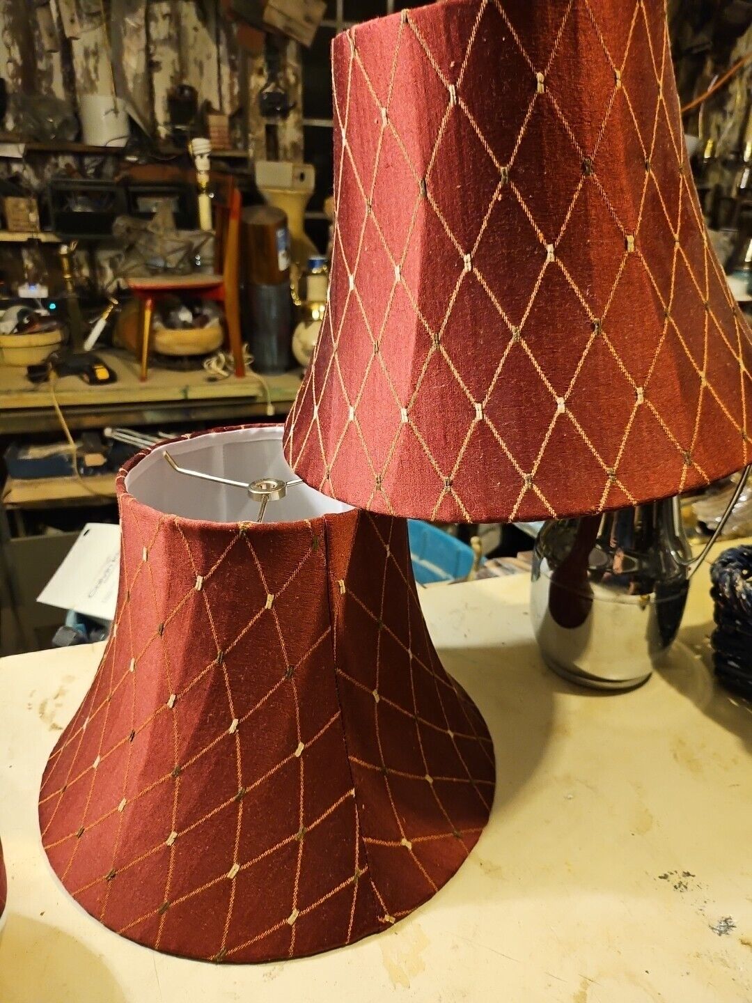 Matching PAIR Deep Red Stitched SILK  LAMP SHADES Bell 7x9.5x13